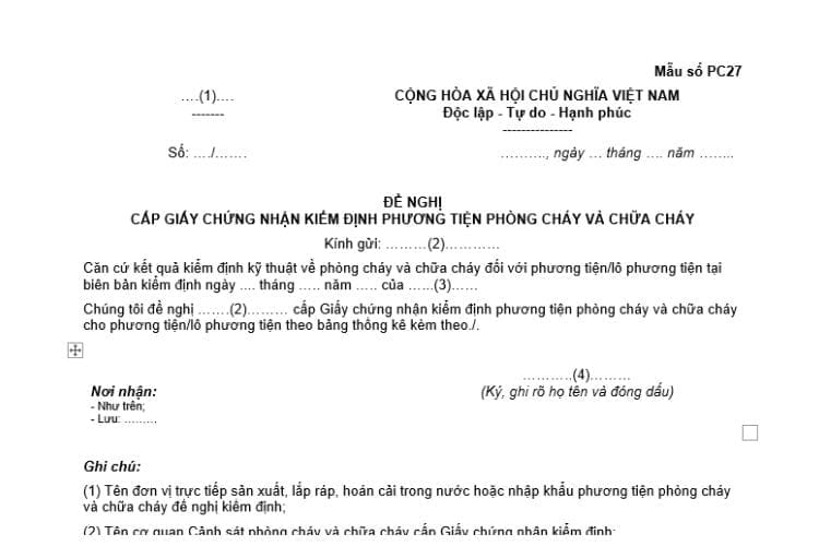 Văn bản đề nghị cấp Giấy chứng nhận kiểm định phương tiện PCCC 2 Văn bản đề nghị cấp Giấy chứng nhận kiểm định phương tiện PCCC