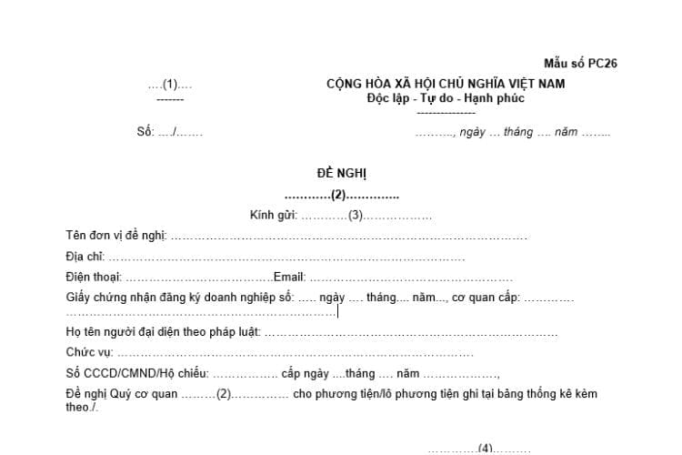 Văn bản đề nghị kiểm định và cấp Giấy chứng nhận kiểm định phương tiện PCCC
