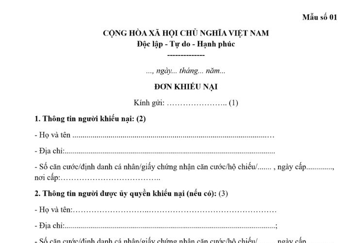 Mẫu số 01 | Mẫu đơn khiếu nại mới nhất 2026 2 Mẫu số 01 | Mẫu đơn khiếu nại mới nhất 2026