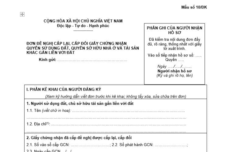 Đơn đề nghị cấp lại, cấp đổi giấy chứng nhận quyền sử dụng đất, quyền sở hữu nhà ở và tài sản khác gắn liền với đất