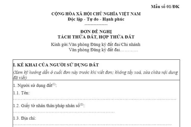 Đơn đề nghị tách thửa đất, hợp thửa đất (Mẫu số 01/ĐK) 2 Đơn đề nghị tách thửa đất, hợp thửa đất (Mẫu số 01/ĐK)