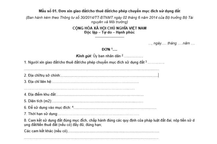 Đơn xin giao đất/cho thuê đất/cho phép chuyển mục đích sử dụng đất 2 Đơn xin giao đất/cho thuê đất/cho phép chuyển mục đích sử dụng đất