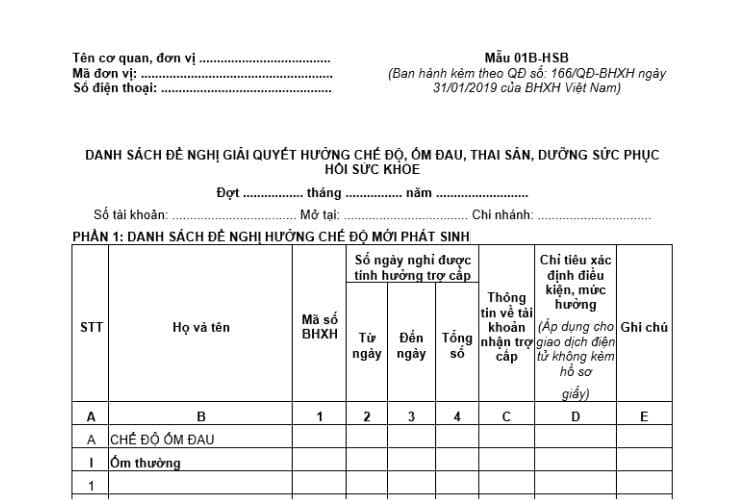 Mẫu 01B-HSB | Danh sách đề nghị giải quyết hưởng chế độ, ốm đau, thai sản, dưỡng sức phục hồi sức khỏe
