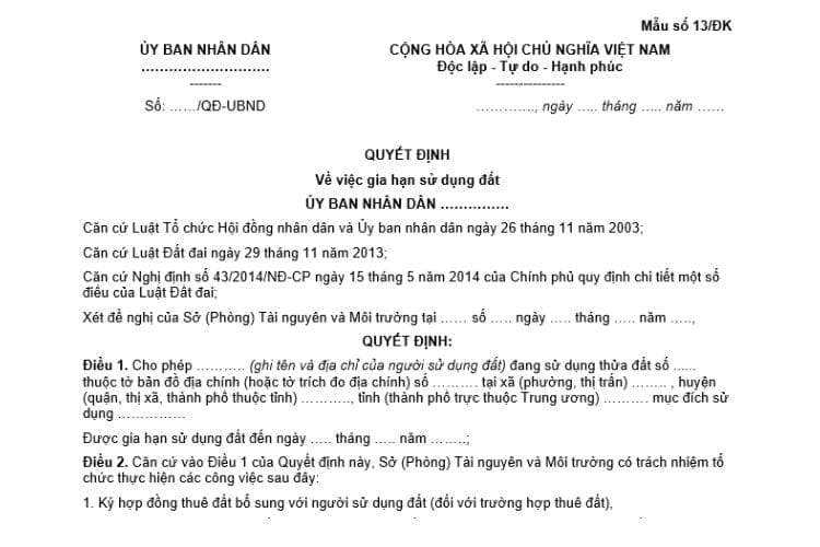 Quyết định về việc gia hạn sử dụng đất của Ủy ban nhân dân (Mẫu số 13/ĐK) 2 Quyết định về việc gia hạn sử dụng đất của Ủy ban nhân dân (Mẫu số 13/ĐK)
