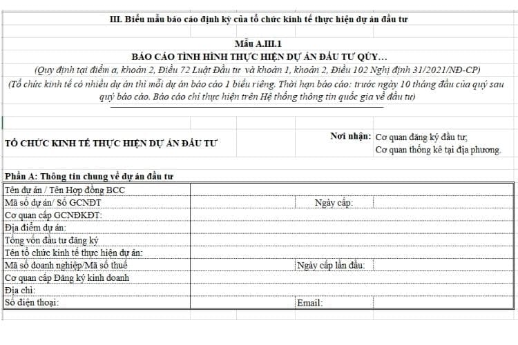 Báo cáo quý về tình hình thực hiện dự án đầu tư (Mẫu A.III.1)
