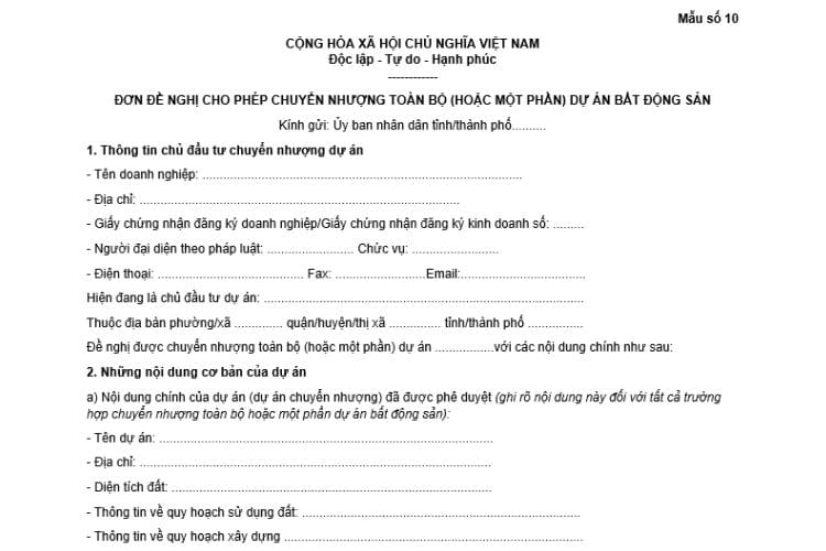 Đơn đề nghị chuyển nhượng toàn bộ (hoặc một phần) dự án bất động sản