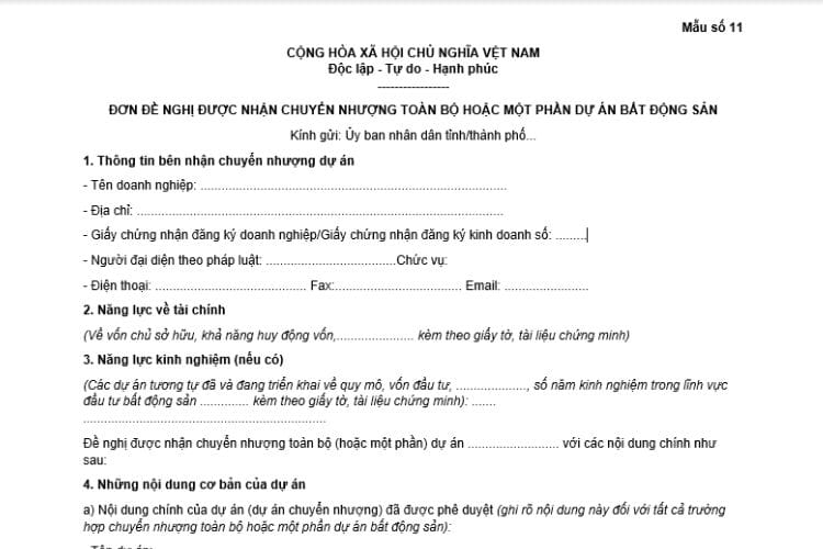 Đơn đề nghị được nhận chuyển nhượng toàn bộ (hoặc một phần) dự án bất động sản