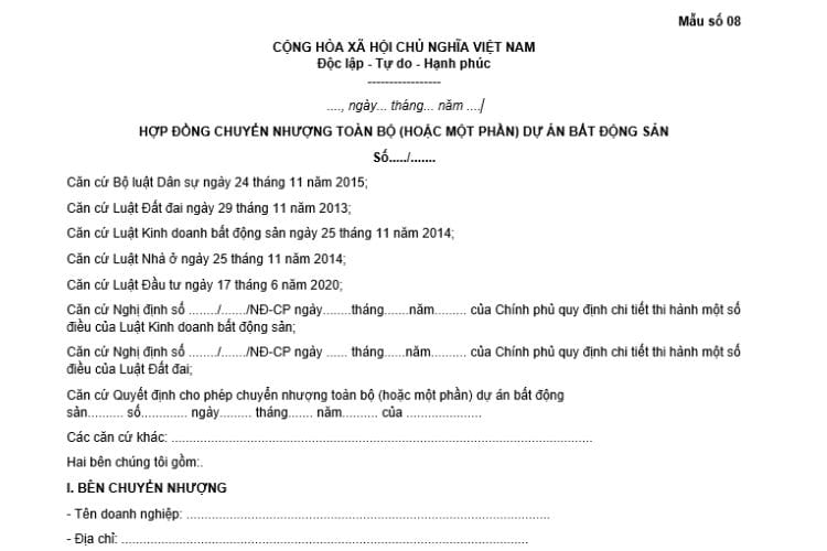 Hợp đồng chuyển nhượng toàn bộ (hoặc một phần) dự án bất động sản