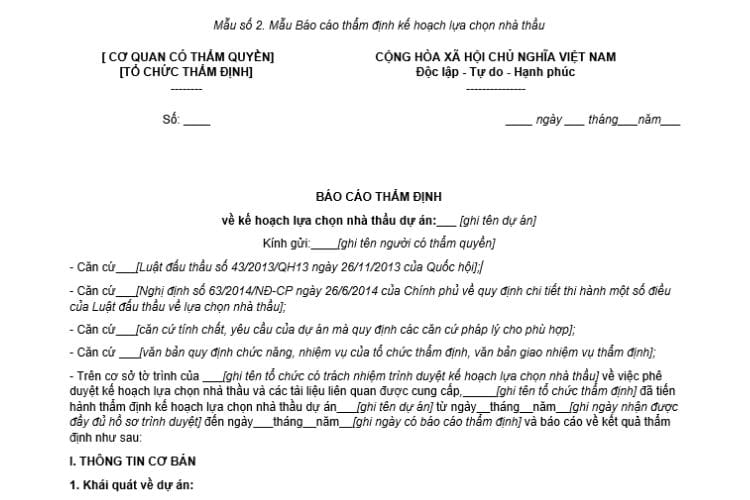 Mẫu Báo cáo thẩm định kế hoạch lựa chọn nhà thầu 2 Mẫu Báo cáo thẩm định kế hoạch lựa chọn nhà thầu