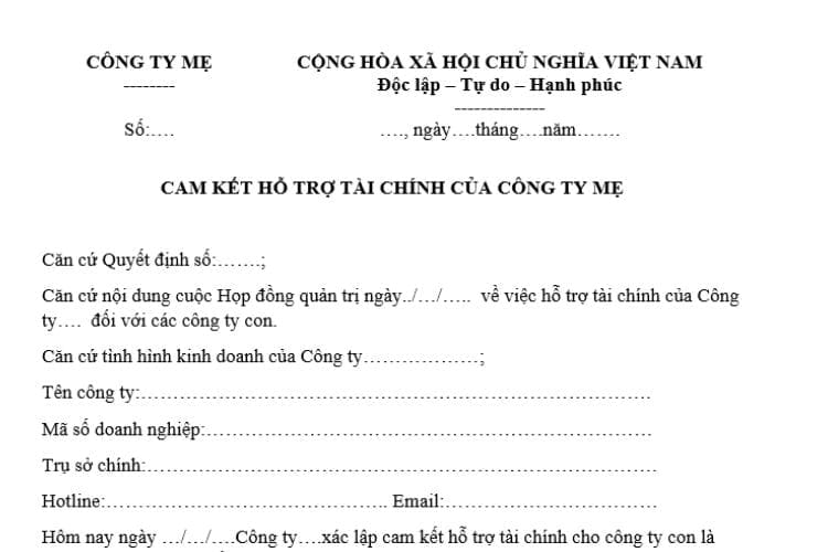 Mẫu Cam kết hỗ trợ tài chính của công ty mẹ 2 Mẫu Cam kết hỗ trợ tài chính của công ty mẹ