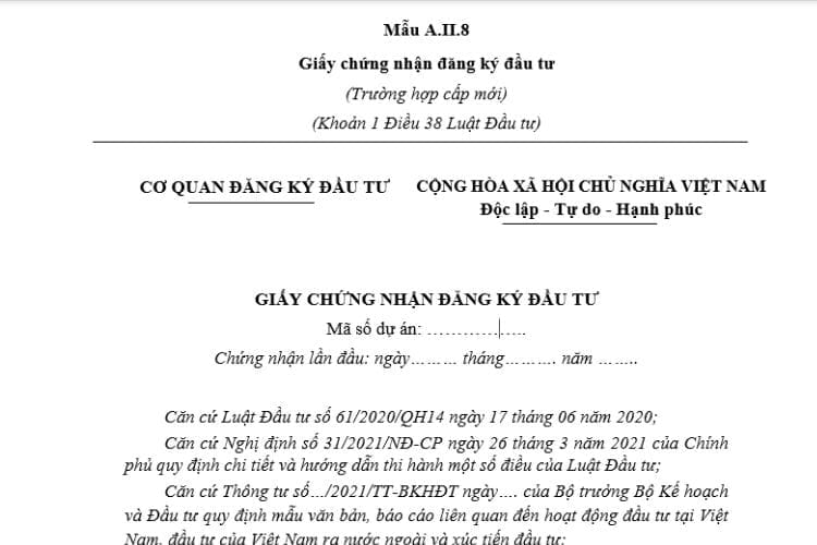 Mẫu Giấy chứng nhận đăng ký đầu tư (Trường hợp cấp mới) 2 Mẫu Giấy chứng nhận đăng ký đầu tư (Trường hợp cấp mới)