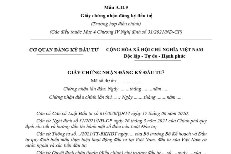 Mẫu Giấy chứng nhận đăng ký đầu tư (Trường hợp điều chỉnh) 2 Mẫu Giấy chứng nhận đăng ký đầu tư (Trường hợp điều chỉnh)