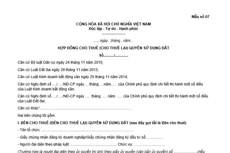 Mẫu hợp đồng cho thuê/cho thuê lại quyền sử dụng đất 2 Mẫu hợp đồng cho thuê/cho thuê lại quyền sử dụng đất