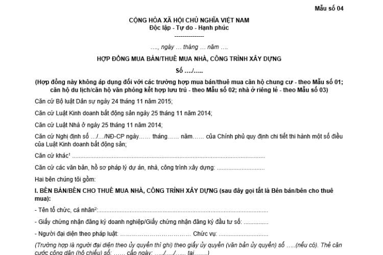 Mẫu hợp đồng mua bán/thuê mua nhà, công trình xây dựng 2 Mẫu hợp đồng mua bán/thuê mua nhà, công trình xây dựng