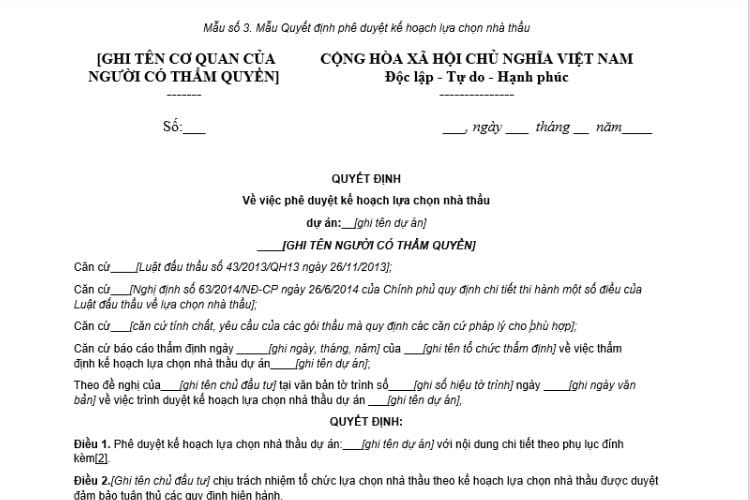 Mẫu Quyết định phê duyệt kế hoạch lựa chọn nhà thầu 2 Mẫu Quyết định phê duyệt kế hoạch lựa chọn nhà thầu