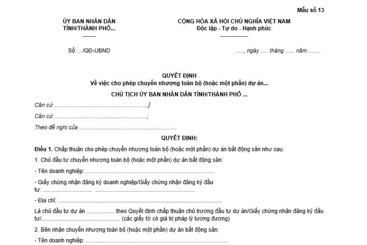 Quyết định cho phép chuyển nhượng toàn bộ (hoặc một phần) dự án bất động sản 2 Quyết định cho phép chuyển nhượng toàn bộ (hoặc một phần) dự án bất động sản