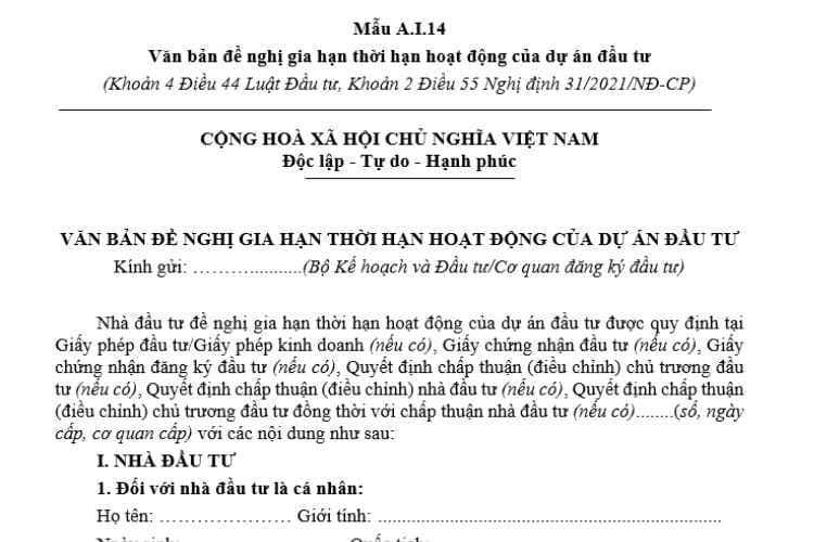 Mẫu A.I.13 | Văn bản đề nghị gia hạn thời hạn hoạt động của dự án đầu tư 2 Văn bản đề nghị gia hạn thời hạn hoạt động của dự án đầu tư