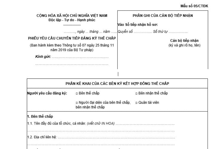 Phiếu yêu cầu chuyển tiếp đăng ký thế chấp (Mẫu số 05/CTĐK) 2 Phiếu yêu cầu chuyển tiếp đăng ký thế chấp (Mẫu số 05/CTĐK)