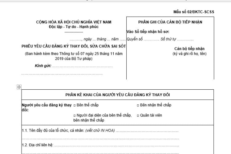 Phiếu yêu cầu đăng ký thay đổi, sửa chữa sai sót (Mẫu số 02/ĐKTĐ-SCSS)