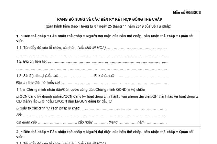 Trang bổ sung về các bên ký kết hợp đồng thế chấp (Mẫu số 06/BSCB) 2 Trang bổ sung về các bên ký kết hợp đồng thế chấp (Mẫu số 06/BSCB)
