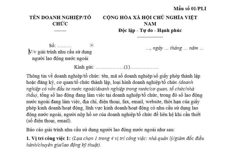 Công văn giải trình nhu cầu sử dụng người lao động nước ngoài (Mẫu số 01/PLI) 2 Công văn giải trình nhu cầu sử dụng người lao động nước ngoài (Mẫu số 01/PLI)