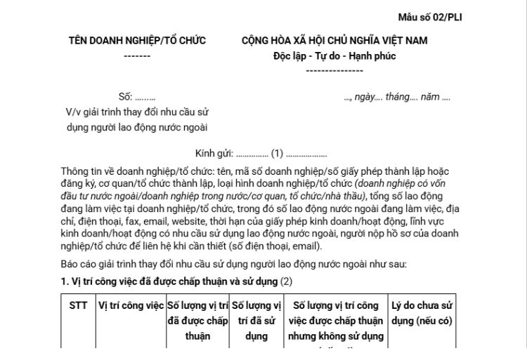 Công văn giải trình thay đổi nhu cầu sử dụng người lao động nước ngoài (Mẫu số 02/PLI) 2 Công văn giải trình thay đổi nhu cầu sử dụng người lao động nước ngoài (Mẫu số 02/PLI)