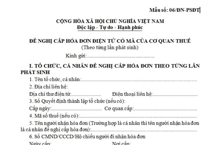 Đơn đề nghị cấp hóa đơn điện tử có mã của CQT theo từng lần phát sinh
