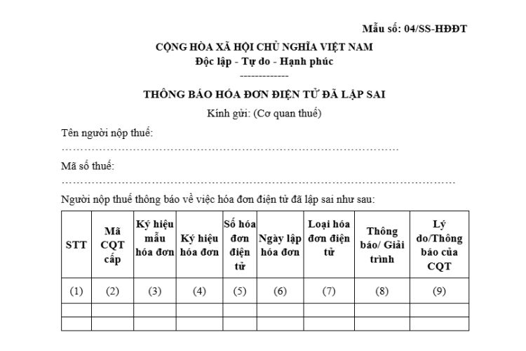 Mẫu số 04/SS-HĐĐT | Thông báo hóa đơn điện tử có sai sót 2 Mẫu số 04/SS-HĐĐT | Thông báo hóa đơn điện tử có sai sót
