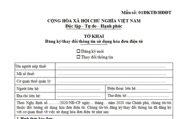 Tờ khai đăng ký/thay đổi thông tin sử dụng hóa đơn điện tử