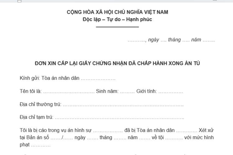 Mẫu Giấy chứng nhận chấp hành xong hình phạt tù 2 Mẫu Giấy chứng nhận chấp hành xong hình phạt tù