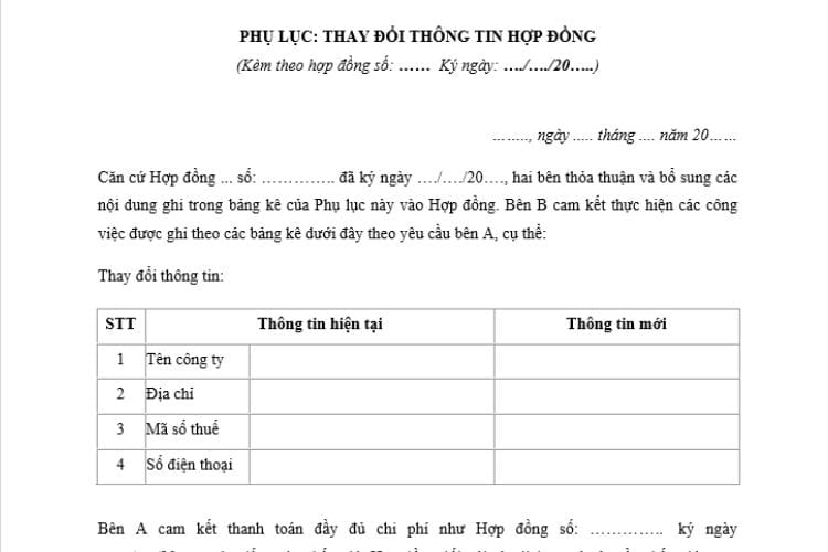 Mẫu phụ lục thay đổi thông tin hợp đồng 2 Mẫu phụ lục thay đổi thông tin hợp đồng