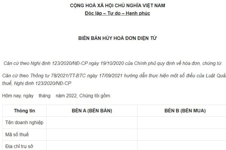 Mẫu biên bản hủy hóa đơn theo thông tư 78 mới nhất 2 Mẫu biên bản hủy hóa đơn theo thông tư 78 mới nhất