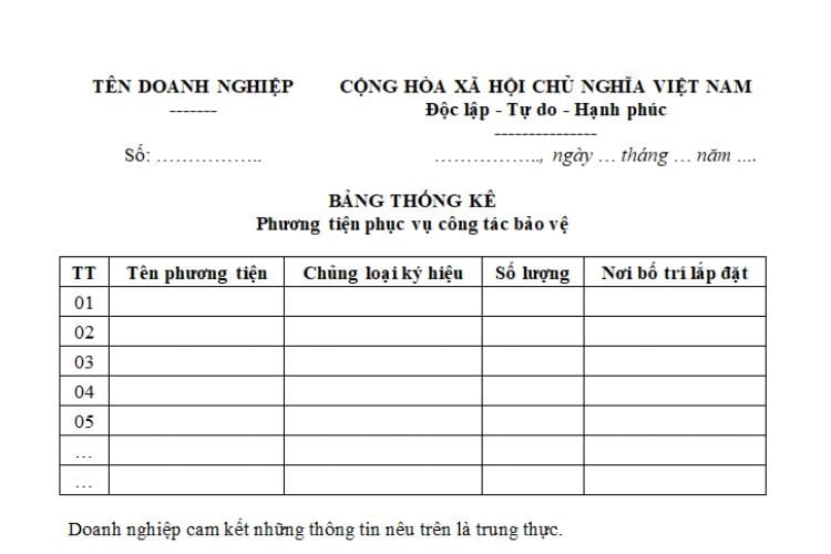 Bảng thống kê phương tiện phục vụ công tác bảo vệ 2 Bảng thống kê phương tiện phục vụ công tác bảo vệ