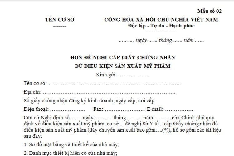 Đơn đề nghị cấp Giấy chứng nhận đủ điều kiện sản xuất mỹ phẩm