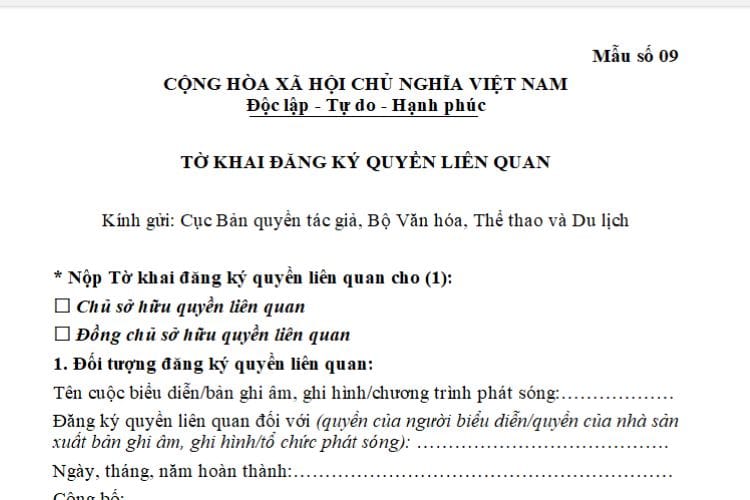 Mẫu số 09: Tờ khai đăng ký quyền liên quan 2 Mẫu số 09: Tờ khai đăng ký quyền liên quan
