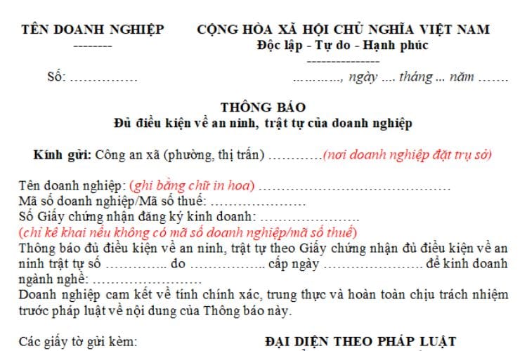 Thông báo đủ điều kiện về an ninh, trật tự của doanh nghiệp 2 Thông báo đủ điều kiện về an ninh, trật tự của doanh nghiệp
