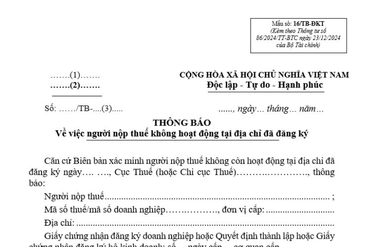 Thông báo về việc người nộp thuế không hoạt động tại địa chỉ đã đăng ký (Mẫu số: 16/TB-ĐKT)