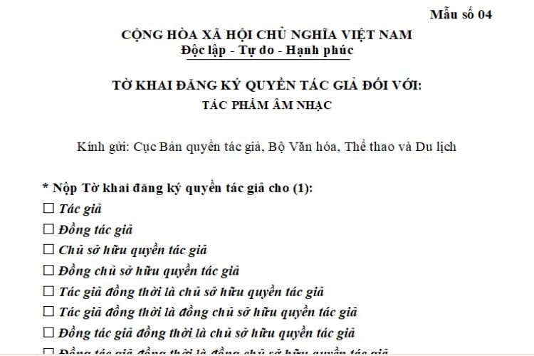 Tờ khai đăng ký quyền tác giả đối với tác phẩm âm nhạc 2 Tờ khai đăng ký quyền tác giả đối với tác phẩm âm nhạc