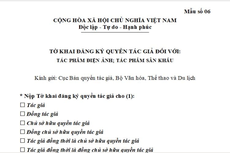 Tờ khai đăng ký quyền tác giả đối với tác phẩm điện ảnh, tác phẩm sân khấu 2 Tờ khai đăng ký quyền tác giả đối với tác phẩm điện ảnh, tác phẩm sân khấu