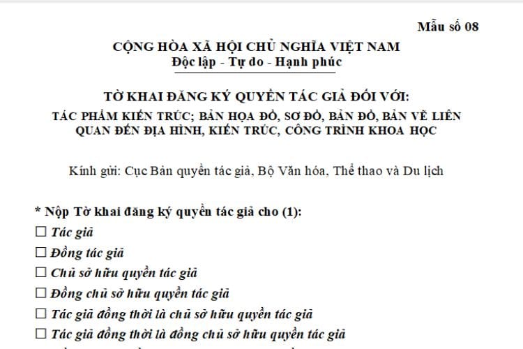 Tờ khai đăng ký quyền tác giả đối với tác phẩm kiến trúc, bản họa đồ, sơ đồ, bản đồ, bản vẽ liên quan đến địa hình, kiến trúc, công trình khoa học 2 Tờ khai đăng ký quyền tác giả đối với tác phẩm kiến trúc, bản họa đồ, sơ đồ, bản đồ, bản vẽ liên quan đến địa hình, kiến trúc, công trình khoa học