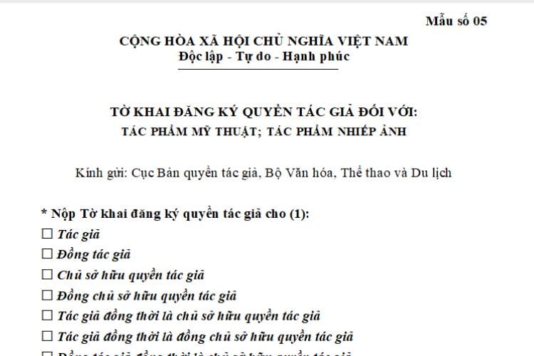Tờ khai đăng ký quyền tác giả đối với tác phẩm mỹ thuật, tác phẩm nhiếp ảnh 2 Tờ khai đăng ký quyền tác giả đối với tác phẩm mỹ thuật, tác phẩm nhiếp ảnh