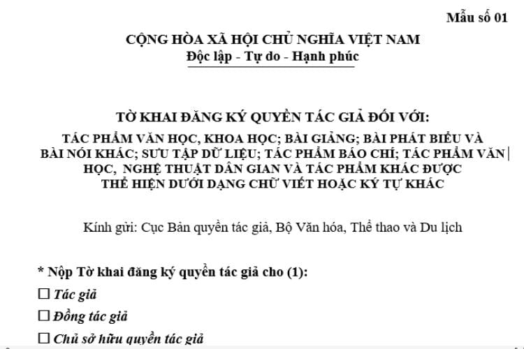 Tờ khai đăng ký quyền tác giả đối với tác phẩm văn học; khoa học; bài giảng, bài phát biểu và bài nói khác; sưu tập dữ liệu; tác phẩm báo chí; tác phẩm văn học, nghệ thuật dân gian và tác phẩm khác được thể hiện dưới dạng chữ viết hoặc ký tự khác 2 Tờ khai đăng ký quyền tác giả đối với tác phẩm văn học; khoa học; bài giảng, bài phát biểu và bài nói khác; sưu tập dữ liệu; tác phẩm báo chí; tác phẩm văn học, nghệ thuật dân gian và tác phẩm khác được thể hiện dưới dạng chữ viết hoặc ký tự khác