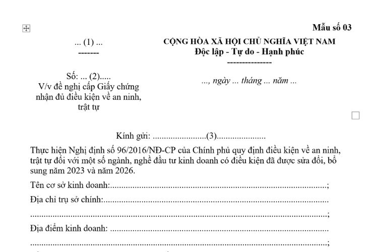 Văn bản đề nghị cấp Giấy chứng nhận đủ điều kiện về an ninh, trật tự