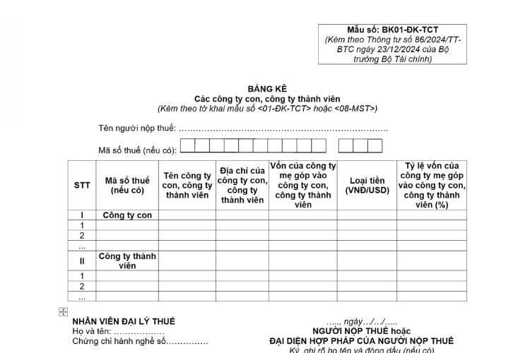 Bảng kê các công ty con, công ty thành viên (Mẫu số: BK01-ĐK-TCT)