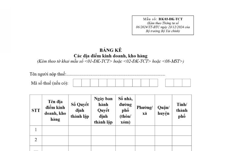 Bảng kê các địa điểm kinh doanh, kho hàng (Mẫu số: BK03-ĐK-TCT)