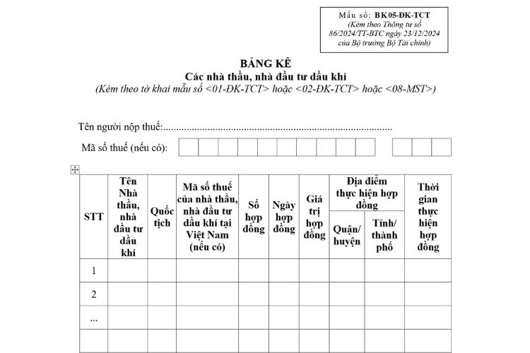 Bảng kê các nhà thầu, nhà đầu tư dầu khí (Mẫu số: BK05-ĐK-TCT)