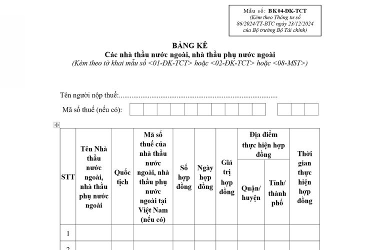 Bảng kê các nhà thầu nước ngoài, nhà thầu phụ nước ngoài (Mẫu số: BK04-ĐK-TCT)