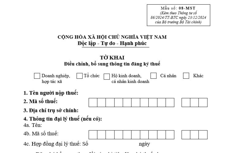 Mẫu 08-MST | Tờ khai điều chỉnh, bổ sung thông tin đăng ký thuế