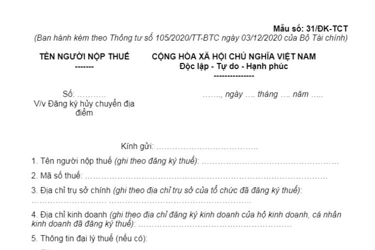 Văn bản đăng ký hủy chuyển địa điểm (Mẫu số: 31/ĐK-TCT)