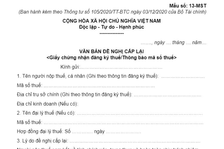 Văn bản đề nghị cấp lại Giấy chứng nhận đăng ký thuế (Mẫu 13-MST)
